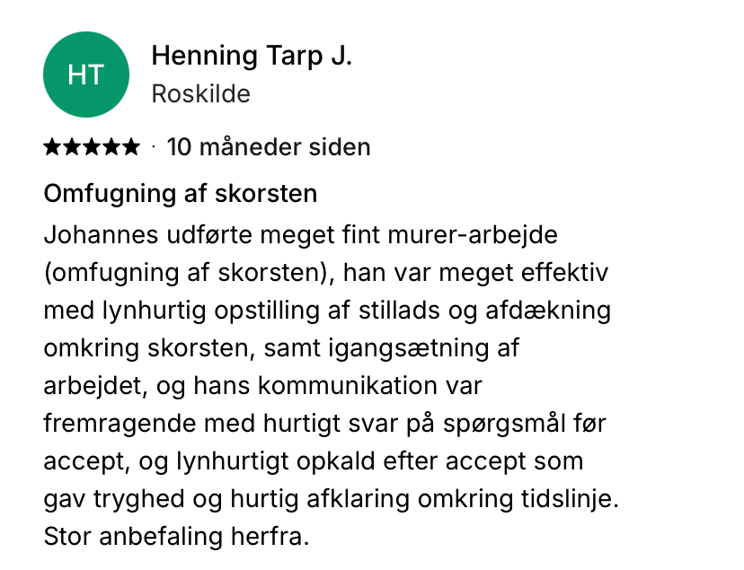 Femstjernet kundeanmeldelse af Skjoldungernes Murerentreprise